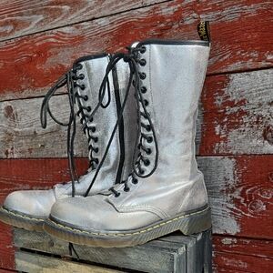 Dr. Martens Silver Metalic Lace Up Mid Calf Boot - Size 8